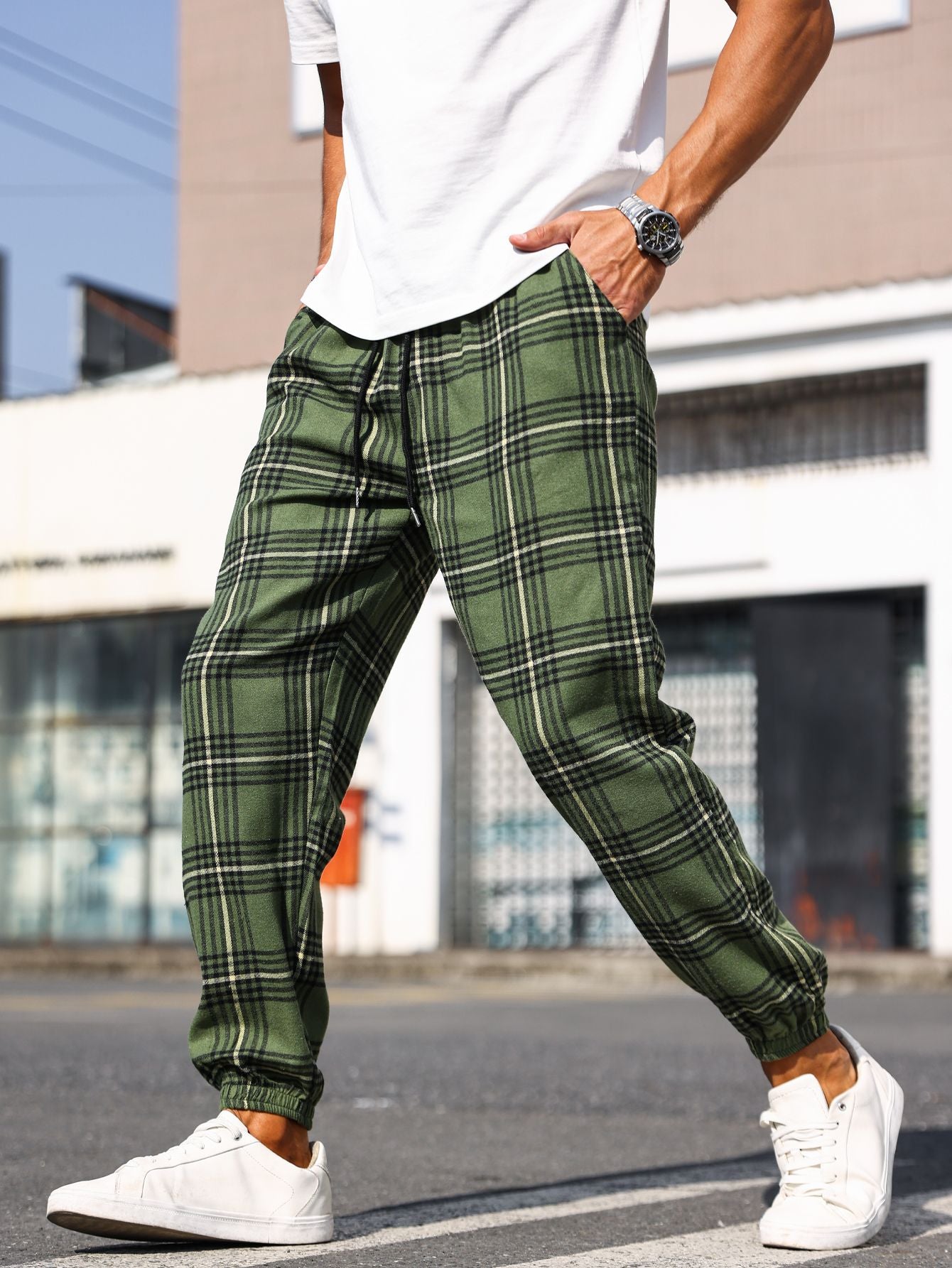 Calças Masculinas Xadrez com Punho Calças de Pijama Confortáveis para Estilo Relaxado