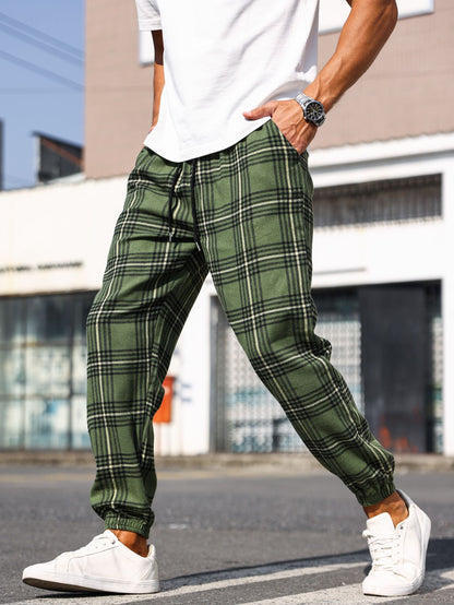 Calças Masculinas Xadrez com Punho Calças de Pijama Confortáveis para Estilo Relaxado