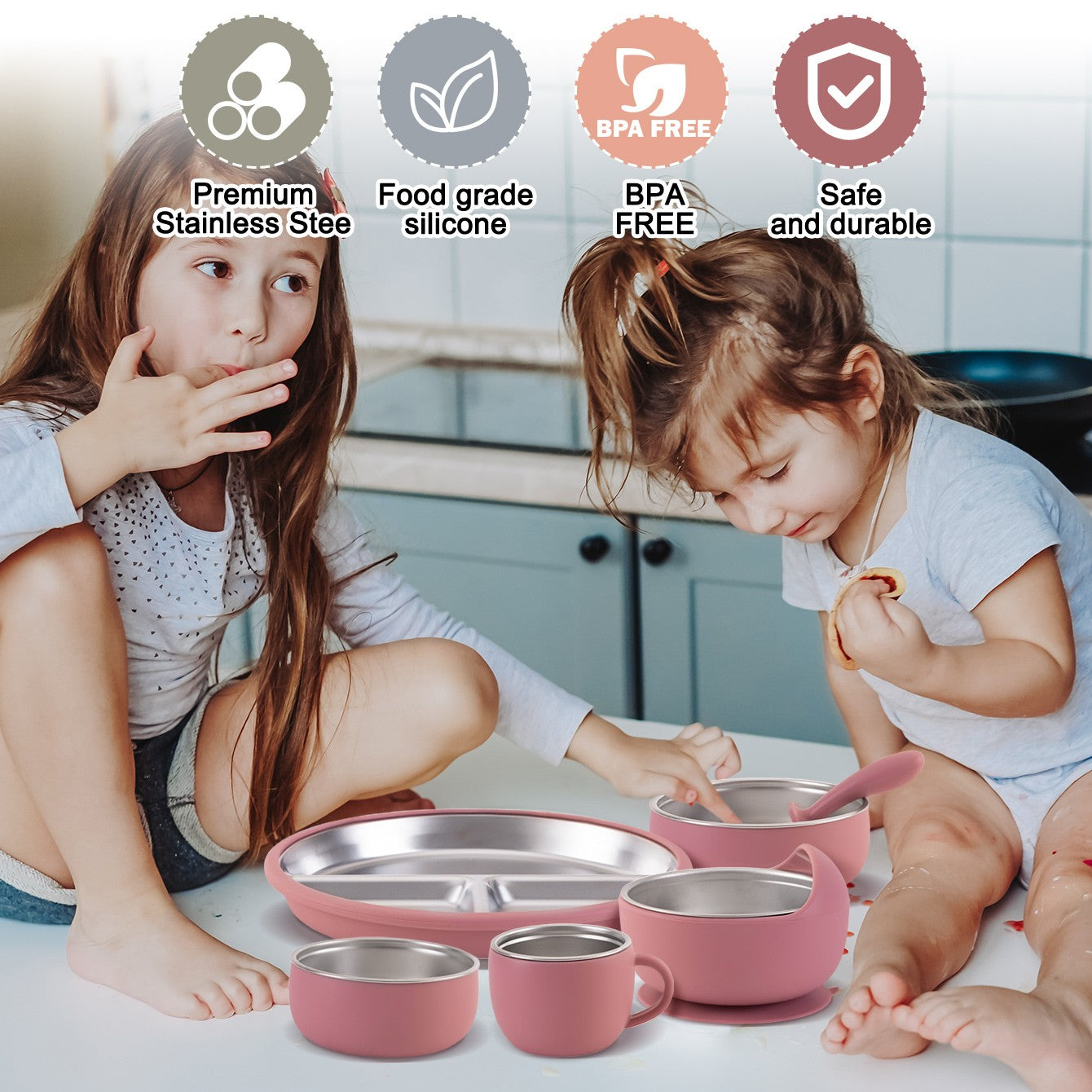 Color Kids 10PCS Infant Feeding Set Stainless Steel Silicone Tableware With Detachable Bowl Plate Bib Weaning Utensils For Baby