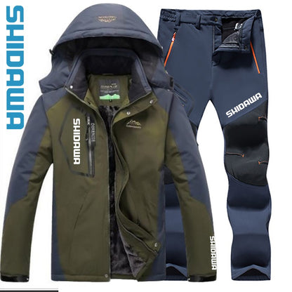 Traje de Pesca de Inverno Corta-Vento Impermeável Soft Shell Masculino Tamanhos Grandes com Capuz Acolchoado de Veludo Quente + Conjunto de Calças de Pesca para Caminhada