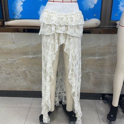 Bohemian Lace Embroidery Women's Soild Color Skirts Asymmetrical Tierred Premium See Through Long Skirts