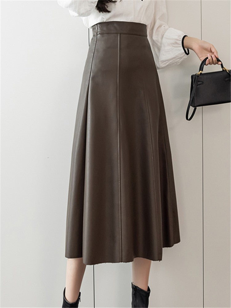Seoulish Black Faux PU Leather Women's A-Line Skirts 2023 New Autumn Winter High Wasit Solid Chic Umbrella Office Skirts Female