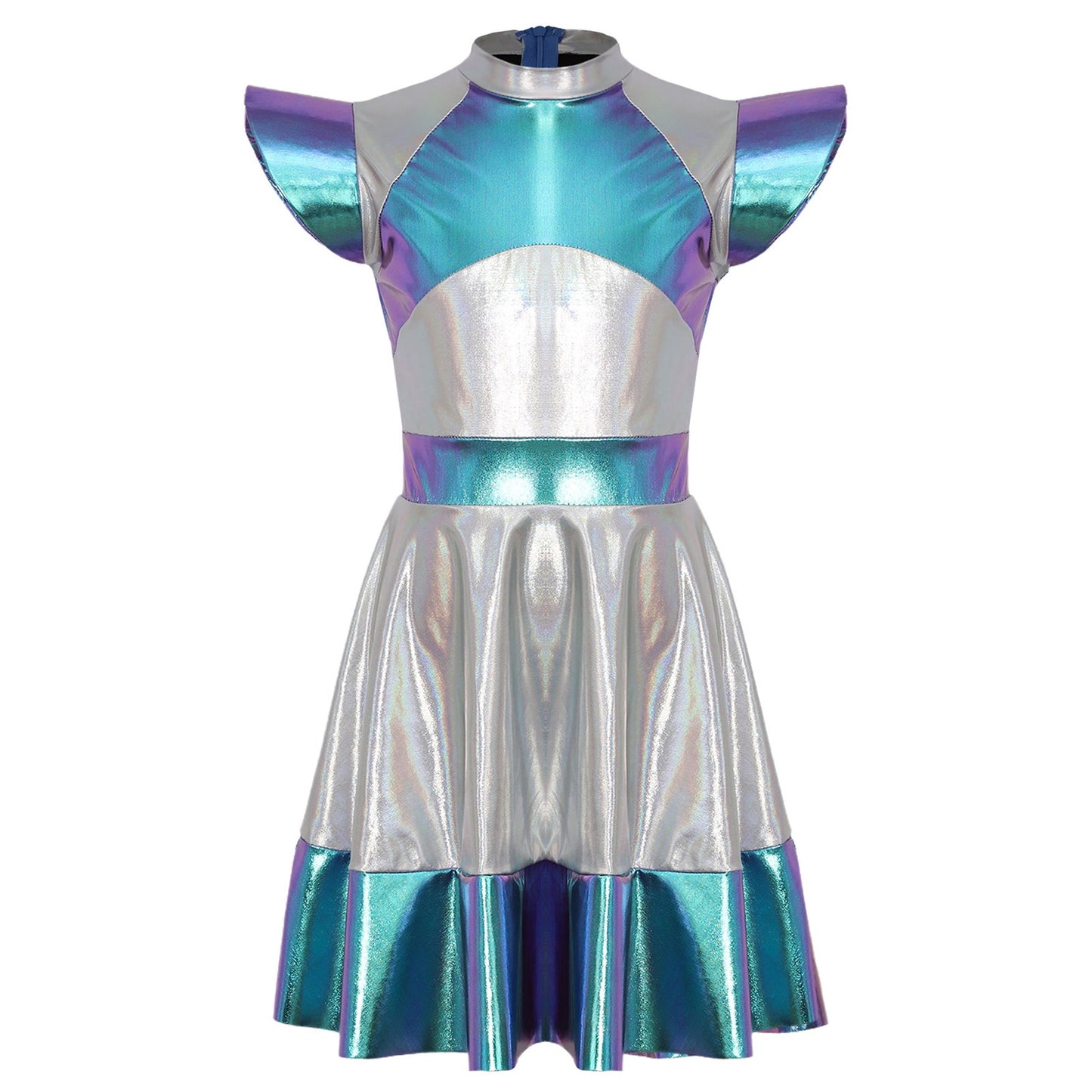 Kids Alien Cosplay Costume Outfits Boys Girls Metallic Shiny Alien Jumpsuit Halloween Full Length Bodysuit with Hair Hoop Suit