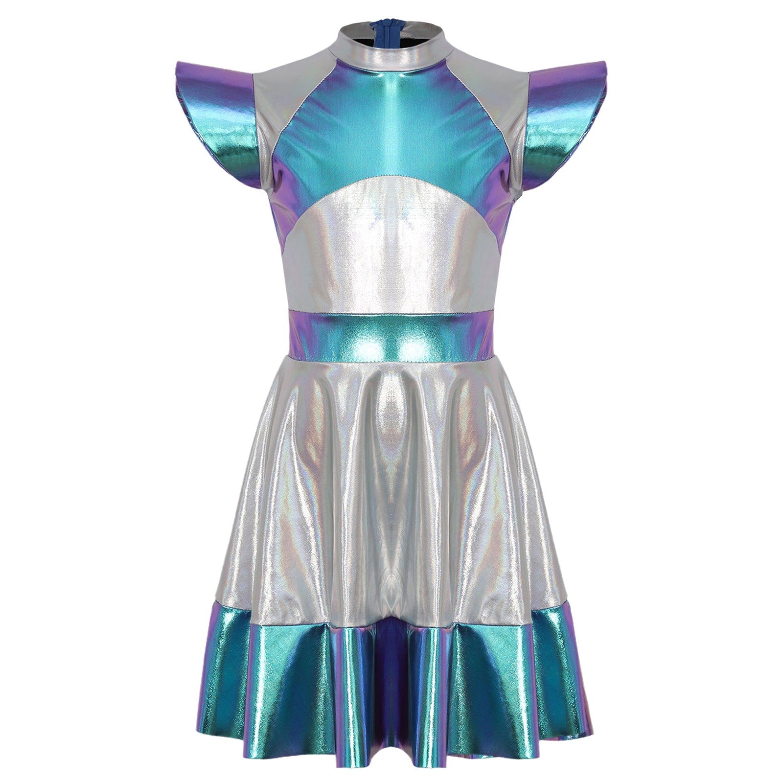 Kids Alien Cosplay Costume Outfits Boys Girls Metallic Shiny Alien Jumpsuit Halloween Full Length Bodysuit with Hair Hoop Suit