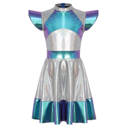 Kids Alien Cosplay Costume Outfits Boys Girls Metallic Shiny Alien Jumpsuit Halloween Full Length Bodysuit with Hair Hoop Suit