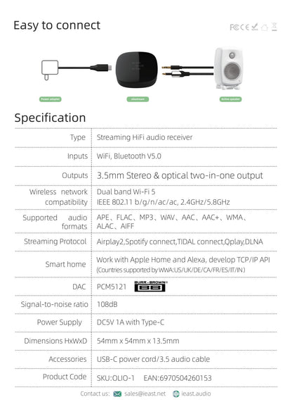 Olio-AirPlay2 Wireless WiFi Bluetooth Audio Receiver Player, Qplay Music Box, Alexa, Siri,Google ,Assistant,AmazonMusic, Tidal