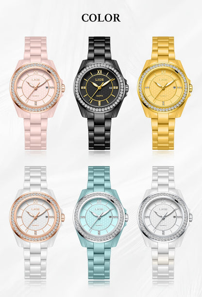 LIGE Fashion Quartz Watch for Women Stainless Steel Ceramics Strap Waterproof Women's Watches Elegant Luxury Ladies Wristwatch