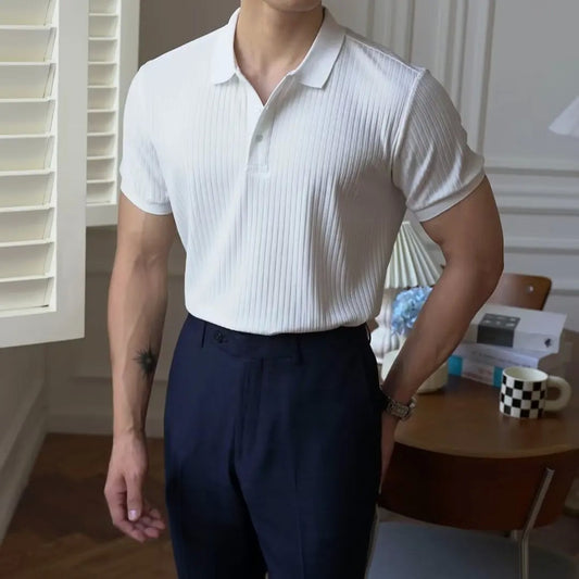 New Summer Trendy Striped Solid Color Short Sleeve Polo Shirt For Men Casual Vintage Versatile Lapel T-shirt Knitted Top