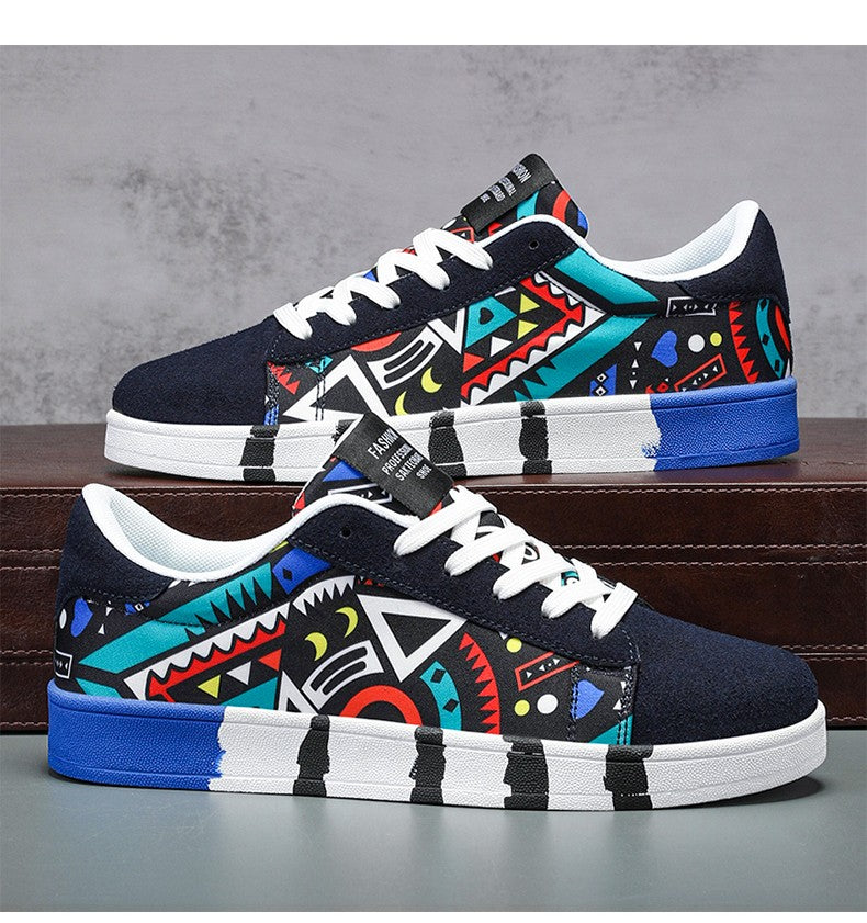 YRZL Men's Sports Running Shoes Canvas Geometric Style Lace-Up Sneakers Couples' Fashionable Graffiti Print Skate Shoes Men