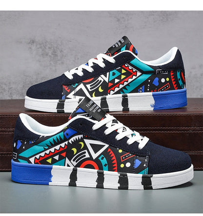 YRZL Men's Sports Running Shoes Canvas Geometric Style Lace-Up Sneakers Couples' Fashionable Graffiti Print Skate Shoes Men