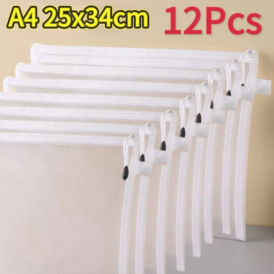1-12pcs Mesh Zipper Pouch Student Waterproof Zip File Bag Makeup Bag School Office Supplies Miscellaneous Storage Organizer