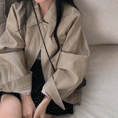 Sli Loose PU Leather Jaet Women's Chic Retro Collar Versatile BF Sle Motorcycle Clothes Trendy Long Sve Zipper