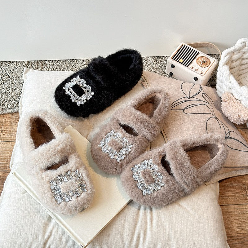 2025 Autumn Winter Children Warm Fur Shoes Fashion Rhinestone Moccasins Flats Outwear Girls Shoes Khaki, Beige, White
