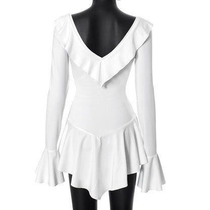 Ruffled Lace-Up White Mini Dress Women's V-Neck Patchwork Long Sleeve Sexy Slim