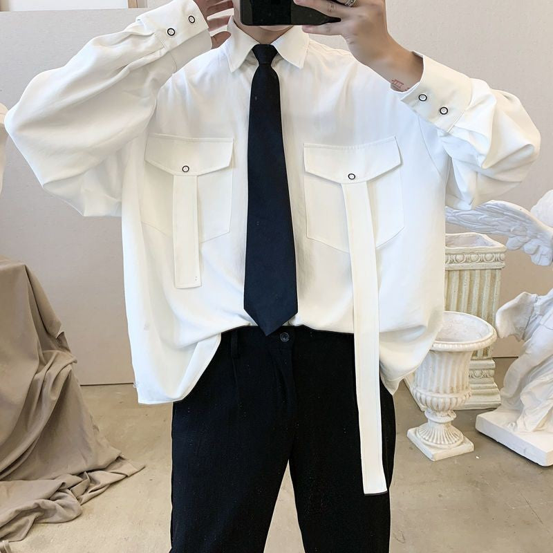 Gmiixder Cargo Long-sleeve Shirt with Tie Men's Oversize Kpop Shirt Korean Streetwear Versatile Motorcycle Pocket Streamers Coat