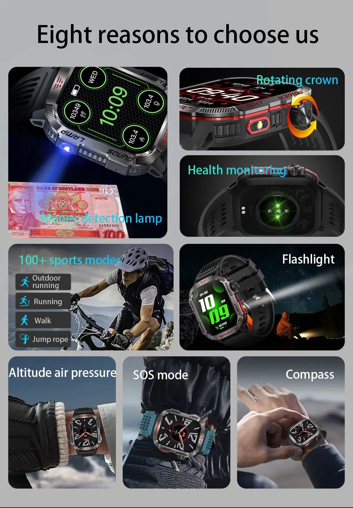 Novo relógio inteligente masculino para ambientes externos de 2,01 polegadas, à prova d'água 3ATM, bateria de 600mAh, bússola, lanterna LED, chamada Bluetooth, Smartwatch para Xiaomi