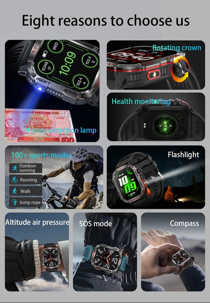 Novo relógio inteligente masculino para ambientes externos de 2,01 polegadas, à prova d'água 3ATM, bateria de 600mAh, bússola, lanterna LED, chamada Bluetooth, Smartwatch para Xiaomi