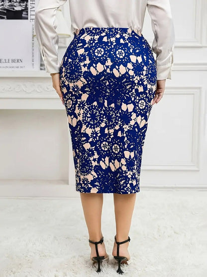 GIBSIE Plus Size Women's Vintage Print Bodycon Midi Skirts Ladies Elegant High Waist Slim Knee Length Office Casual Pencil Skirt