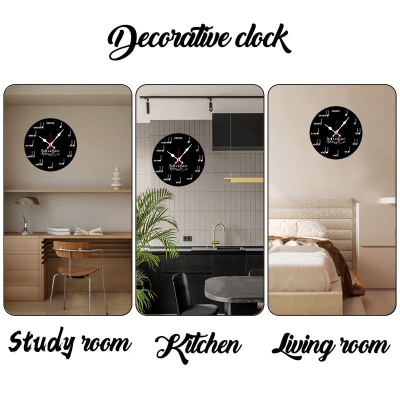 Music Note Wooden Round Silent Hanging Wall Clock, Suitable For Living Room, Office, Study Room, Bedroom, Home Decoration