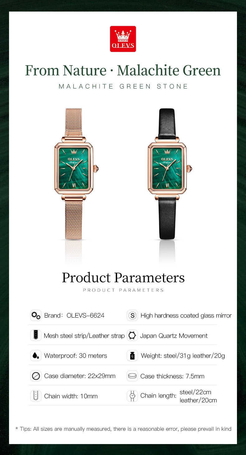 OLEVS 6624 Original Women Watch Luxury Top Green Square Waterproof Clock Fashion Elegant Brand Women Quartz Watch Reloj Mujer