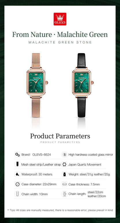 OLEVS 6624 Original Women Watch Luxury Top Green Square Waterproof Clock Fashion Elegant Brand Women Quartz Watch Reloj Mujer