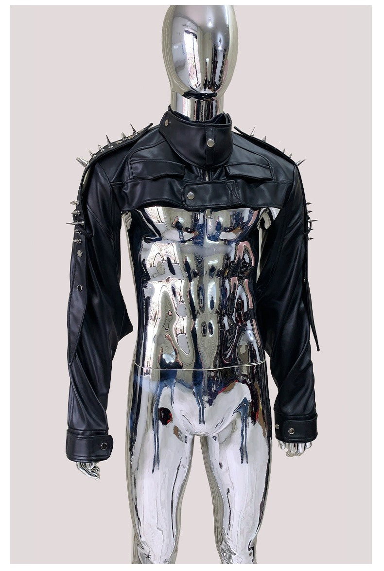 Mauroicardi Cool Black Cropped Pu Leather Jacket Men Rivet Shoulder Pads Zip Up Short Luxury Punk Style Clothes European Fashion