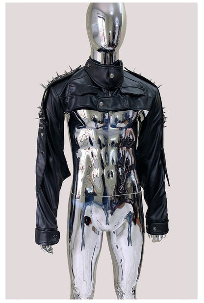 Mauroicardi Cool Black Cropped Pu Leather Jacket Men Rivet Shoulder Pads Zip Up Short Luxury Punk Style Clothes European Fashion