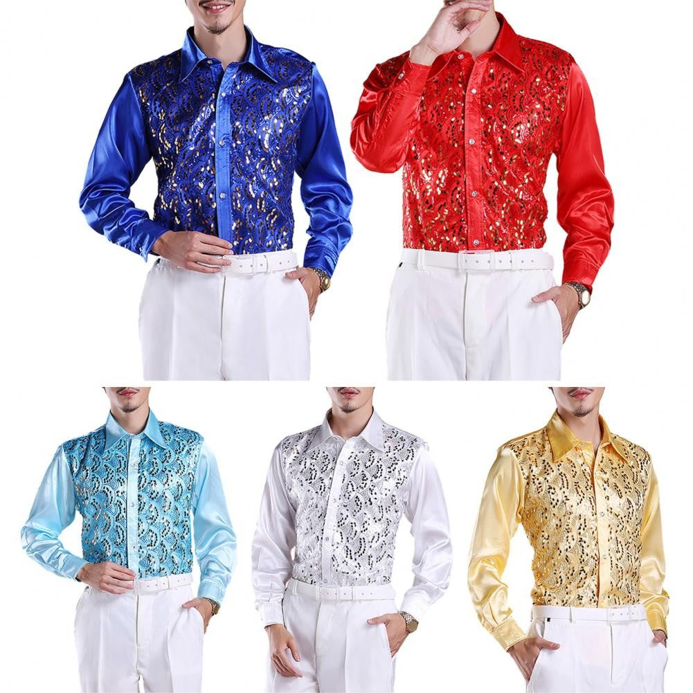 Men Sequins Shirt Adult Lapel Long Sleeved Dance Performance Shirt Costume Wedding Stage Shirt Slim Fit Casual Men Shirts Tops