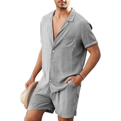 Summer Cotton Linen Shirt Set Men's Casual Outdoor 2-Piece Suit Andhome Clothes Pajamas Comfy Breathable Beach Short Sleeve Sets