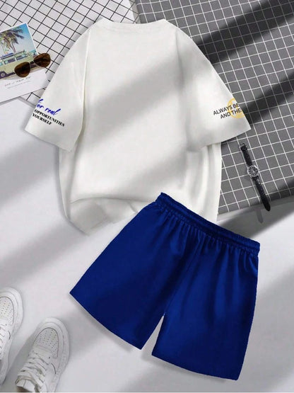 2025 summer new trend men's suit round neck short sleeve set fashion personalized alphanumeric print round neck T-shirt and shor