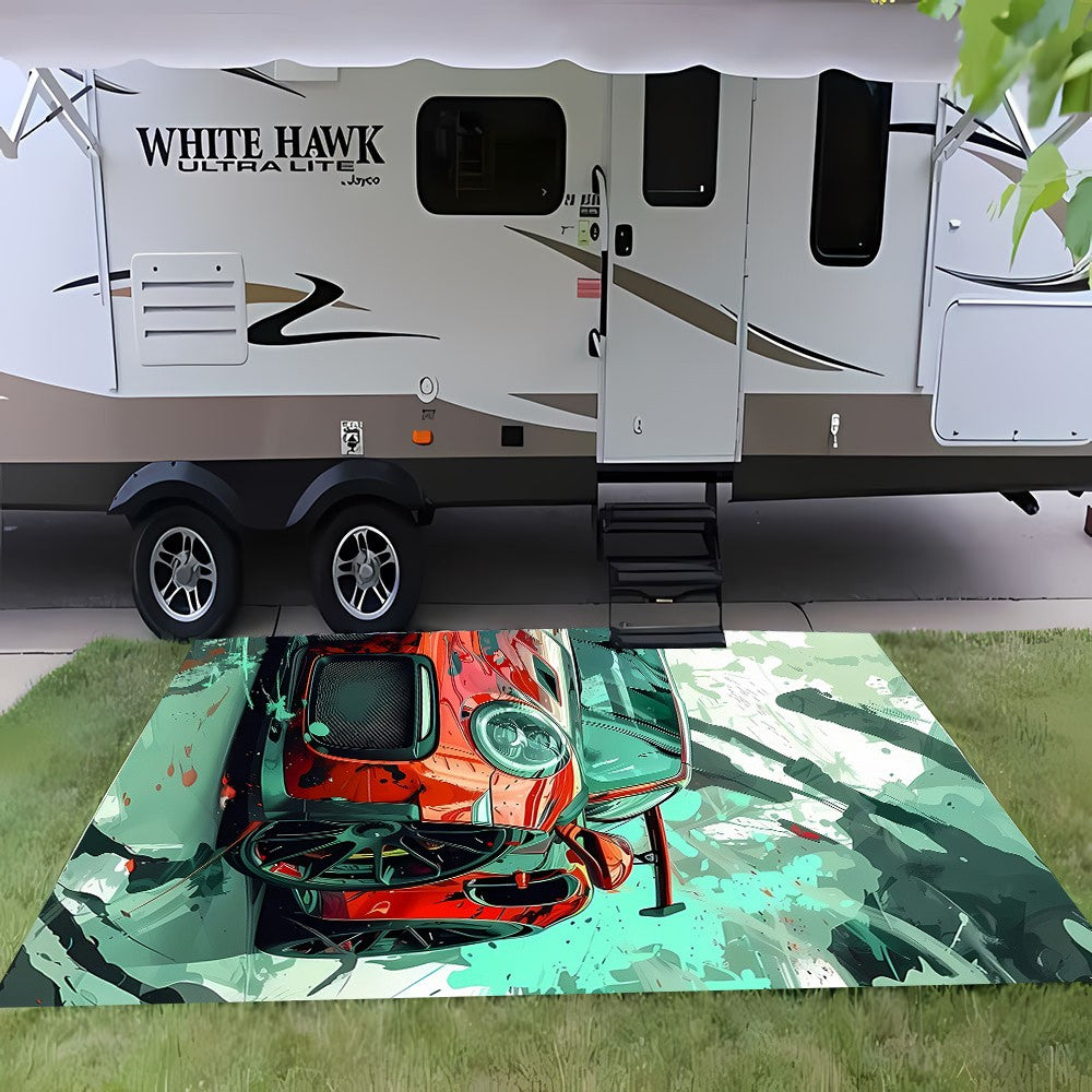 Vibrant Red Sports Car Racing Design Area Rug - For RV, Living Room, Bedroom, Picnic & Home Decor, Floor Mat