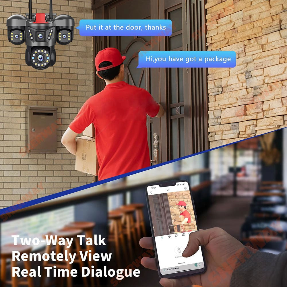 10K 20MP UHD Outdoor WiFi IP Camera Four Len Four Screen 360° 16X Zoom PTZ Security Cam Auto Tracking CCTV Wireless Surveillance