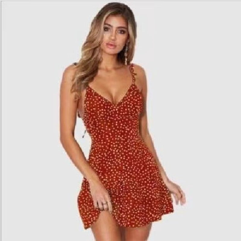 Sexy Summer Sleeveless V-neck Camisole Dress Women Straps Slim Lace-up Polka Dot Mini Sundress Casual Backless A-Line Vestidos