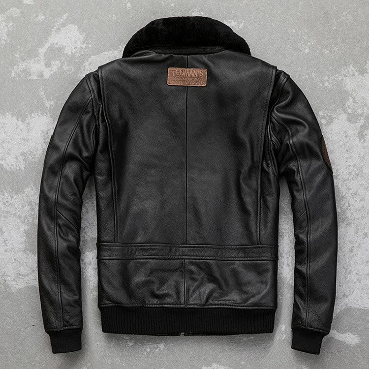 Detachable Natural Fur Collar Genuine Cowhide Men Leather Jacket Patches Flight Air Force Pilot Coat Winter Bomber
