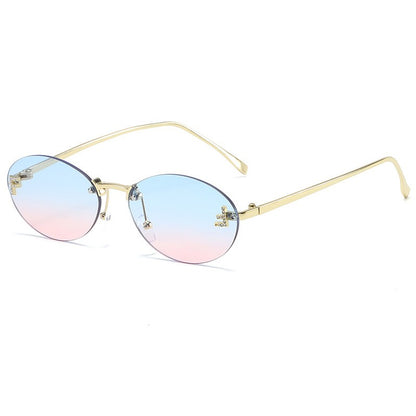 Diamond Letter "F" Rimless Sunglasses Women Luxury Brand Metal Frame Black Small Oval Sun Glasses Unsiex Elegant Shades UV400
