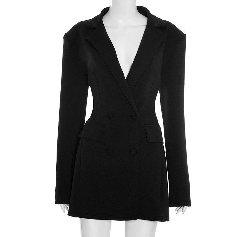 Mozision Deep V Neck Long Sleeve Sexy Mini Blazer Dress Women Elegant Double-breasted High Waist Club Party Blazers Dress