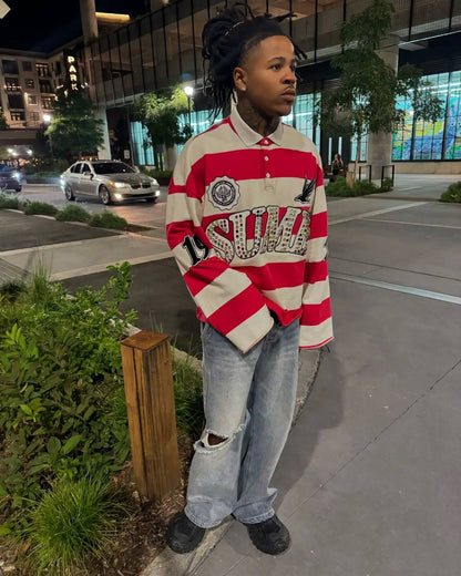 Sume Gothic Klein Stone Embroidery Loose Long Sleeved T Shirt Y2k Harajuku Hip Hop Men Women Stripe Polo Shirt Lapel Neck Shirt