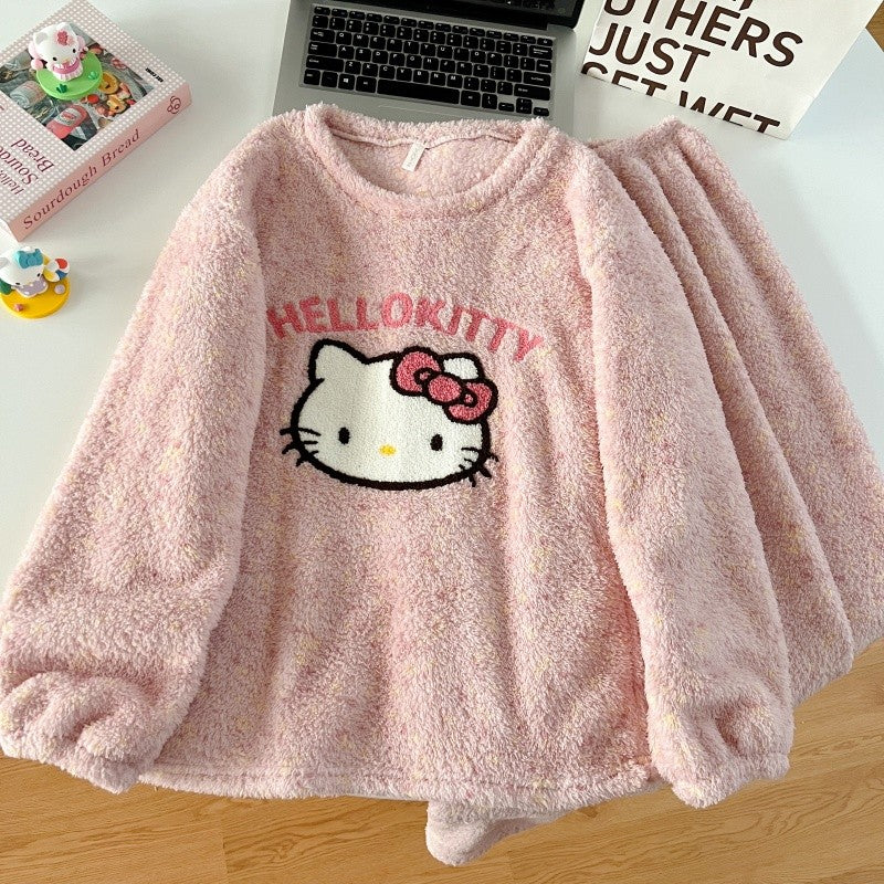 Thickened Warm Women‘s Sleepwear Cartoon HelloKitty Women's Pajamas Set Winter New Cute Fashion Two Sets Nightwear Loungewear