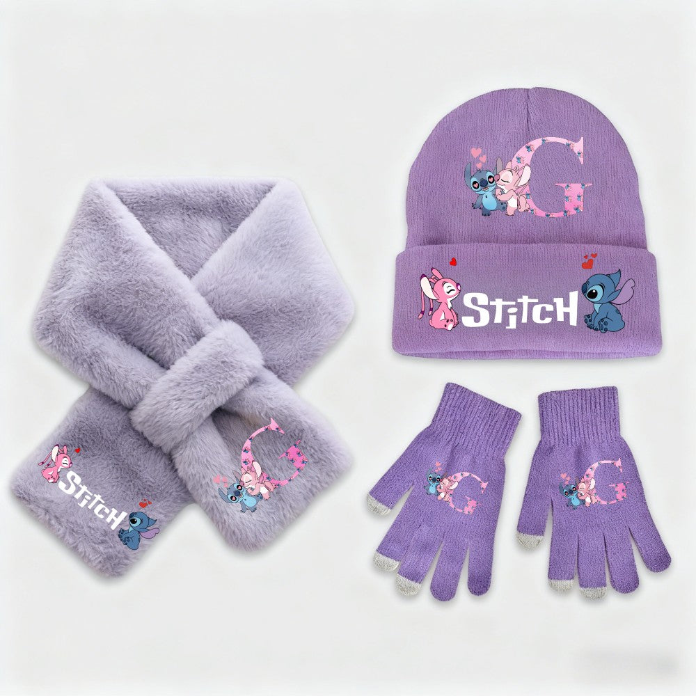 Disney Anime Stitch 3 Peças Conjunto Infantil Feminino Quente de Tricô Stitch Chapéu Lenço Luvas Moda Inverno Casual Presente de Aniversário Acessórios