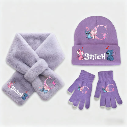 Disney Anime Stitch 3 Peças Conjunto Infantil Feminino Quente de Tricô Stitch Chapéu Lenço Luvas Moda Inverno Casual Presente de Aniversário Acessórios