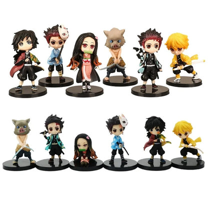 6 unidades Anime Demon Slayer Boneco Nezuko Tanjirou Zenitsu Inosuke Kyoujurou Giyuu Kawaii Qposket Boneco PVC Modelo Brinquedo Presente Colecionável