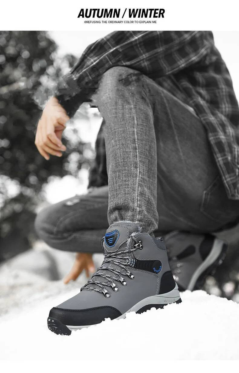 Botas de inverno masculinas com pele quente, antiderrapantes, sapatos casuais de trabalho masculinos, tênis de couro impermeáveis, botas de cano alto, tamanhos grandes