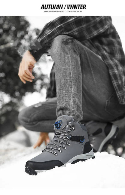 Botas de inverno masculinas com pele quente, antiderrapantes, sapatos casuais de trabalho masculinos, tênis de couro impermeáveis, botas de cano alto, tamanhos grandes