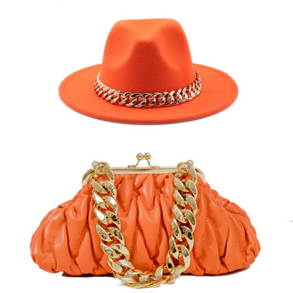 Set Straw Hat and Bag Set Gold Chain Bag Hat Set Ladies Leather Bag Tote Church Fedora Party Jazz Straw Hat