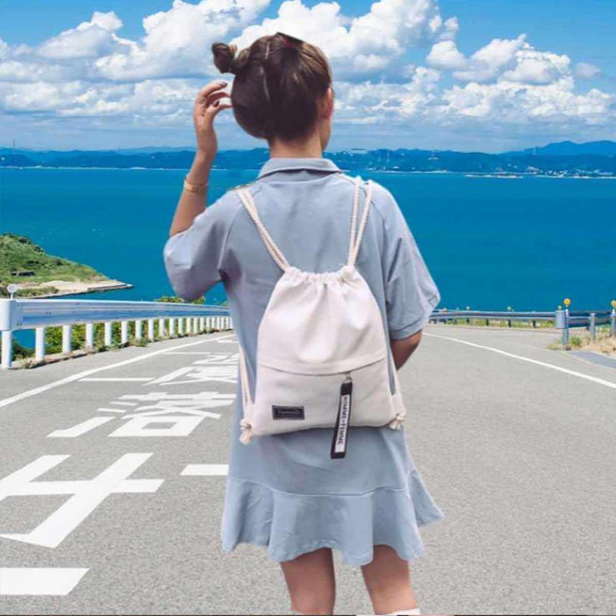 Canvas School Bag Double Shoulder Drawstring Backpack Drawstring Pocket Portable Casual Backpack Women Men Travel Backpack-A-DH