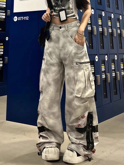 Women's White Zipper Graffiti Work Jeans Y2k 2025 American Retro Design Distressed Subculture High Waist Floor Mopping Trousers