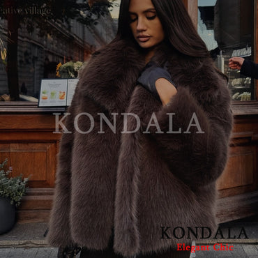 KONDALA Women Brown Faux Fur Jacket Fall Winter Jacket Lapel Loose Jacket 2025 Fashion High Street Elegant Female Jacket Coat