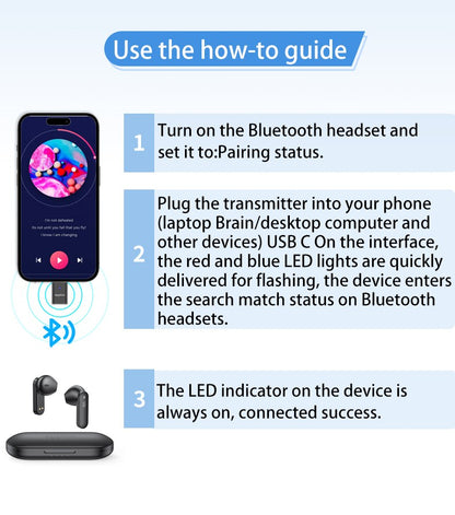 eppfun LE Audio LC3 Bluetooth5.4 Audio Transmitter aptX-LL/HD Type-c Wireless Stereo Music Adapter with Auracast for PC TV PS4/5