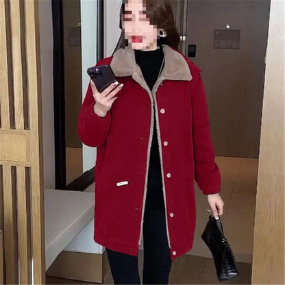 Plus Size Plus Size Fleece Lined Jacket Women's Winter Fashion Loose Coat Mid-Length High Quality Jacket for Mature Women