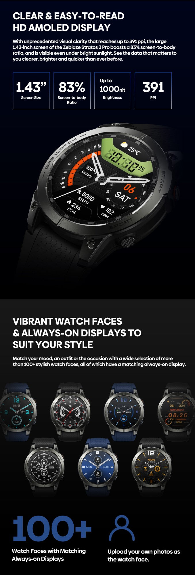 Novo Smartwatch GPS Zeblaze Stratos 3 PRO com Tela AMOLED HD de 1,43”, GPS Integrado, Chamadas Telefônicas Bluetooth, Smartwatch Esportivo para Homens